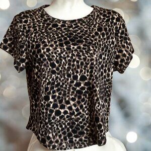 Ultralite Womens Large Brown & Black Leopard Print Ribbed Short Sleeve Crop Top